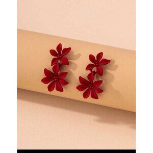 Red flower earrings , Small red earrings ,rose  flower petal lightweight long